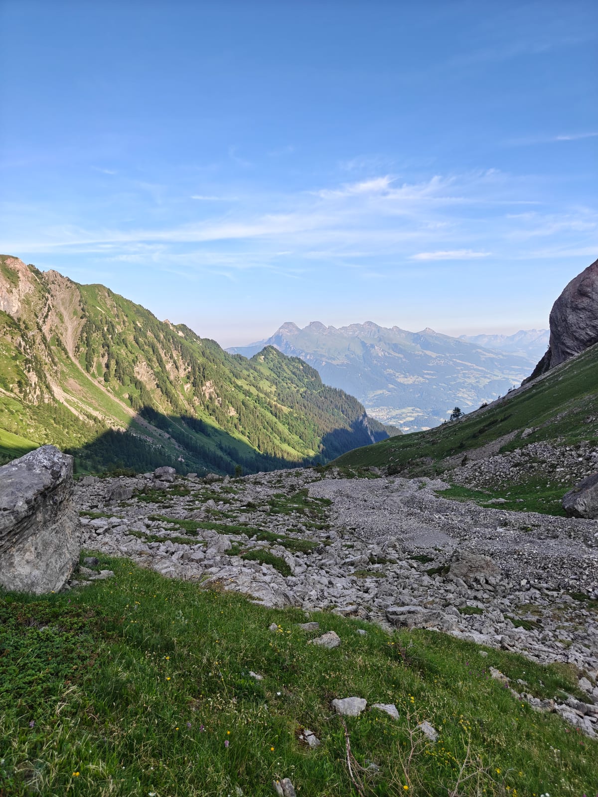 Rubble-strewn valley floor, looking back toward the marked path just left behind
