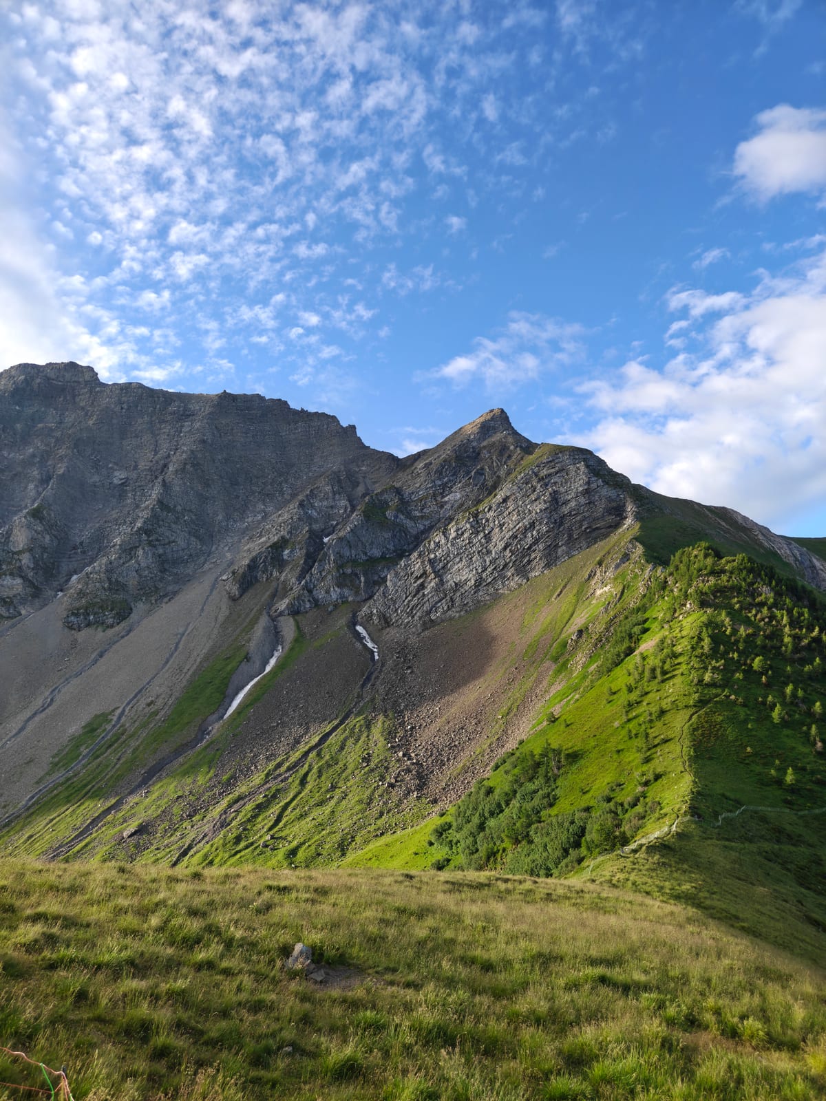 Narrow grass trail climbing steeply toward two rocky peaks