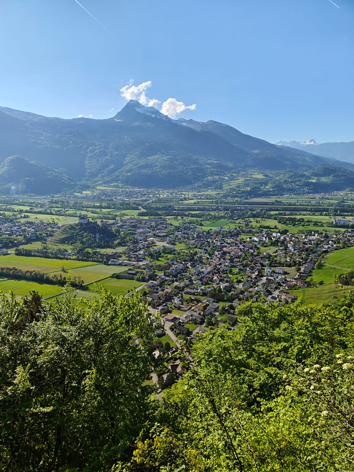 View across the Rhine Valley toward Switzerland, with Balzers visible below