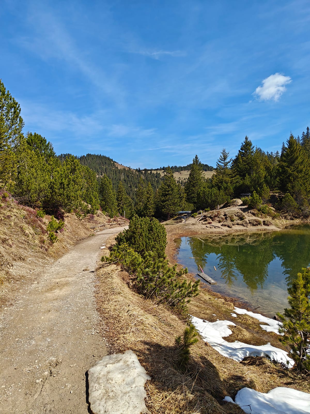 The trail running alongside the lake with mountains ahead