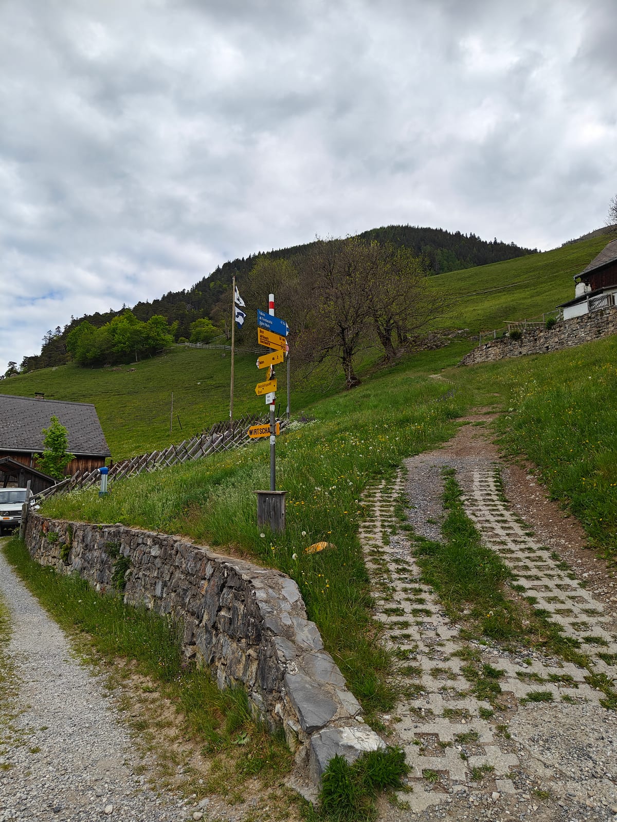 Waymarker signs at Guscha pointing upward toward Mittlerspitz